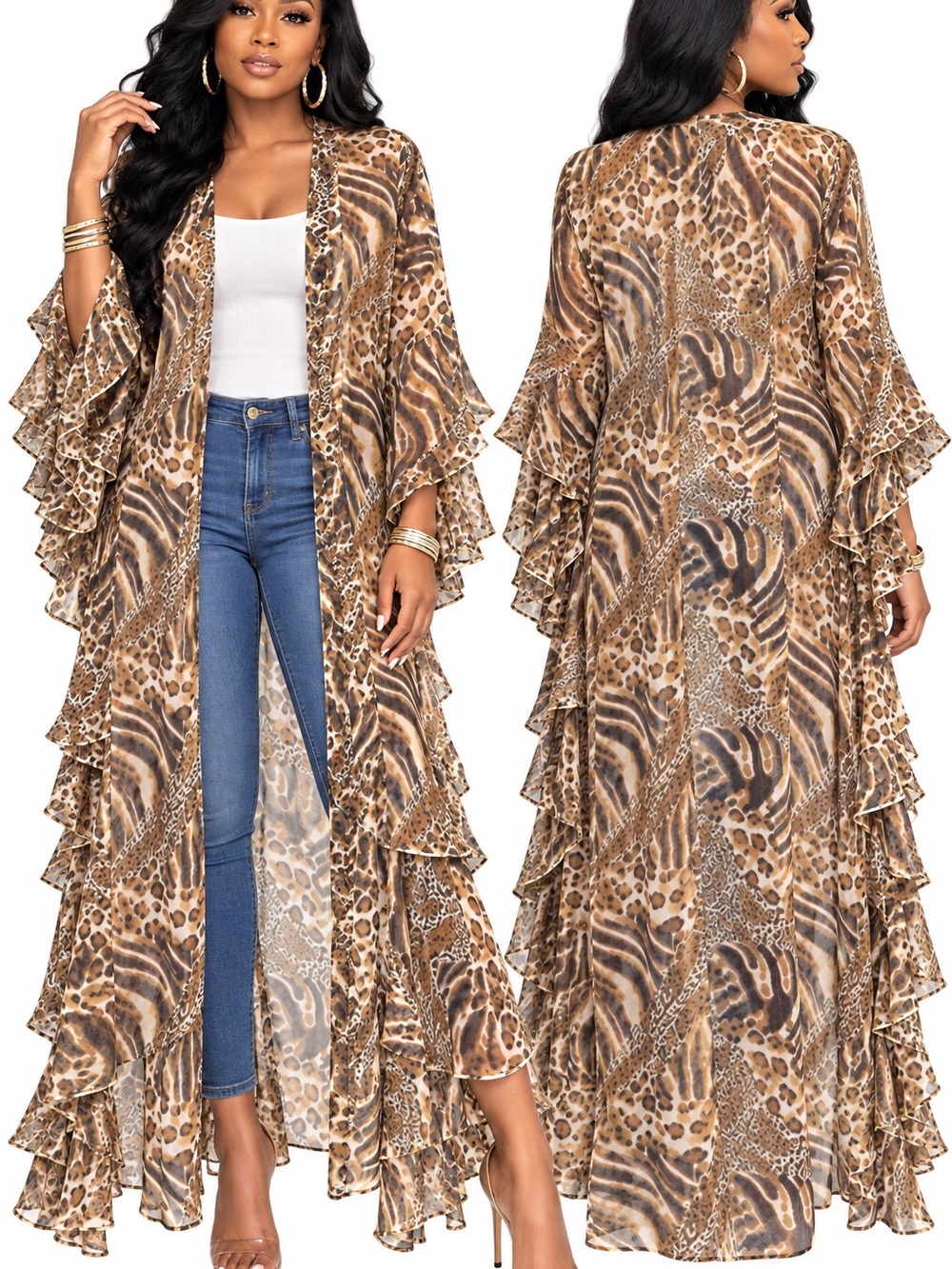 Leopard Print Ruffle Beach Kimono - Brown